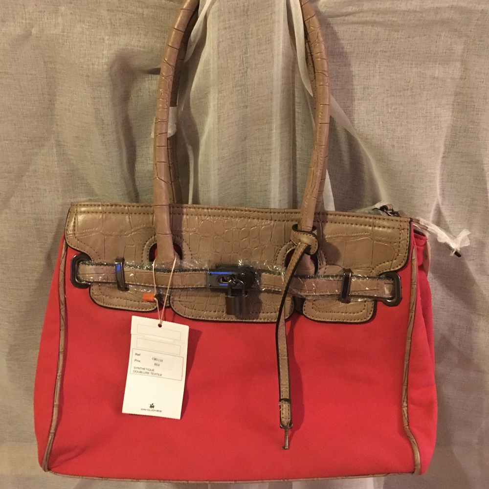 David Jones red suede purse with brown tan synthetic crocodile detailing.